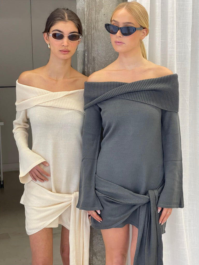 Noa | Knit Layered Off Shoulder Dress Grey