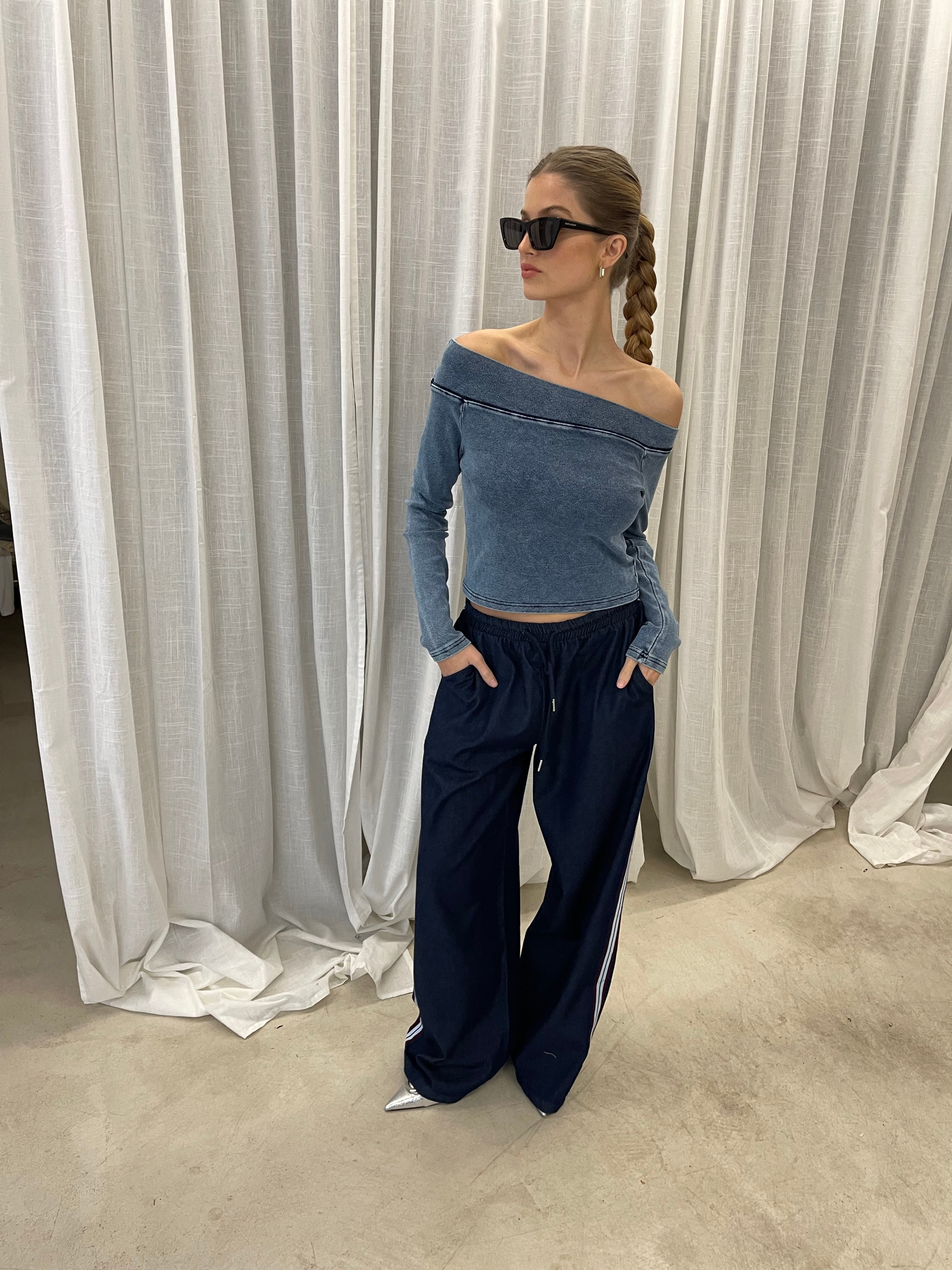 Alphie | Assymetric Off Shoulder Denim Top