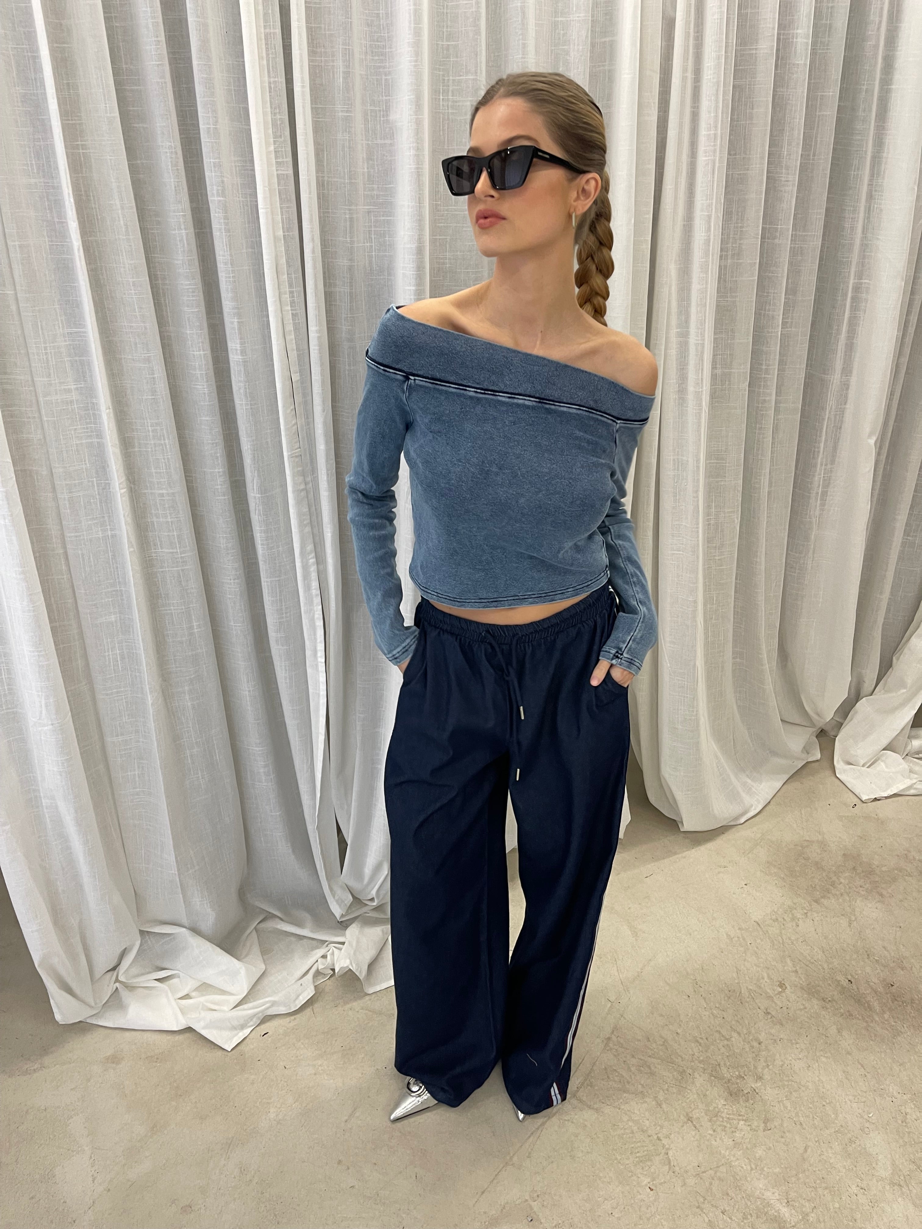Alphie | Assymetric Off Shoulder Denim Top