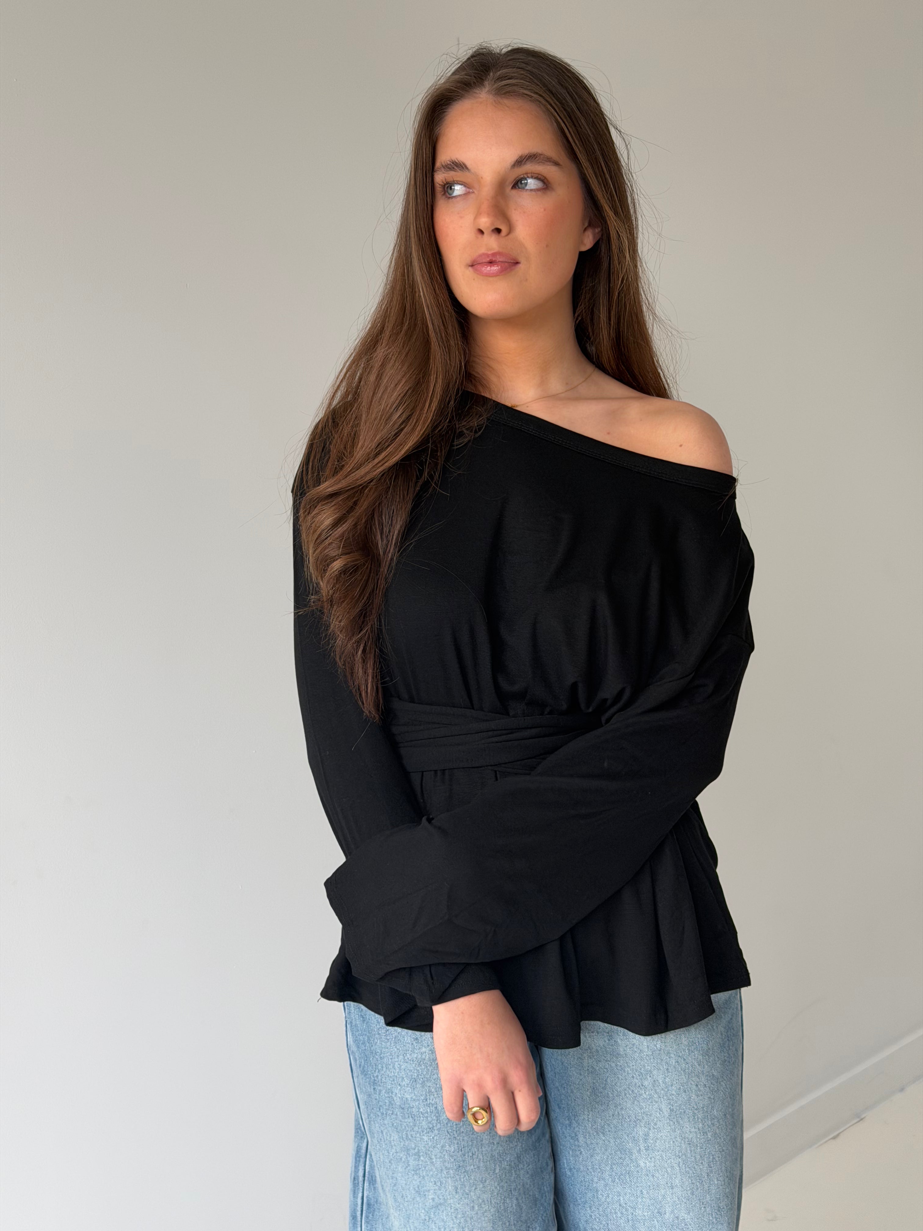 Aiden | Wrapped Tie One Shoulder Top - Black