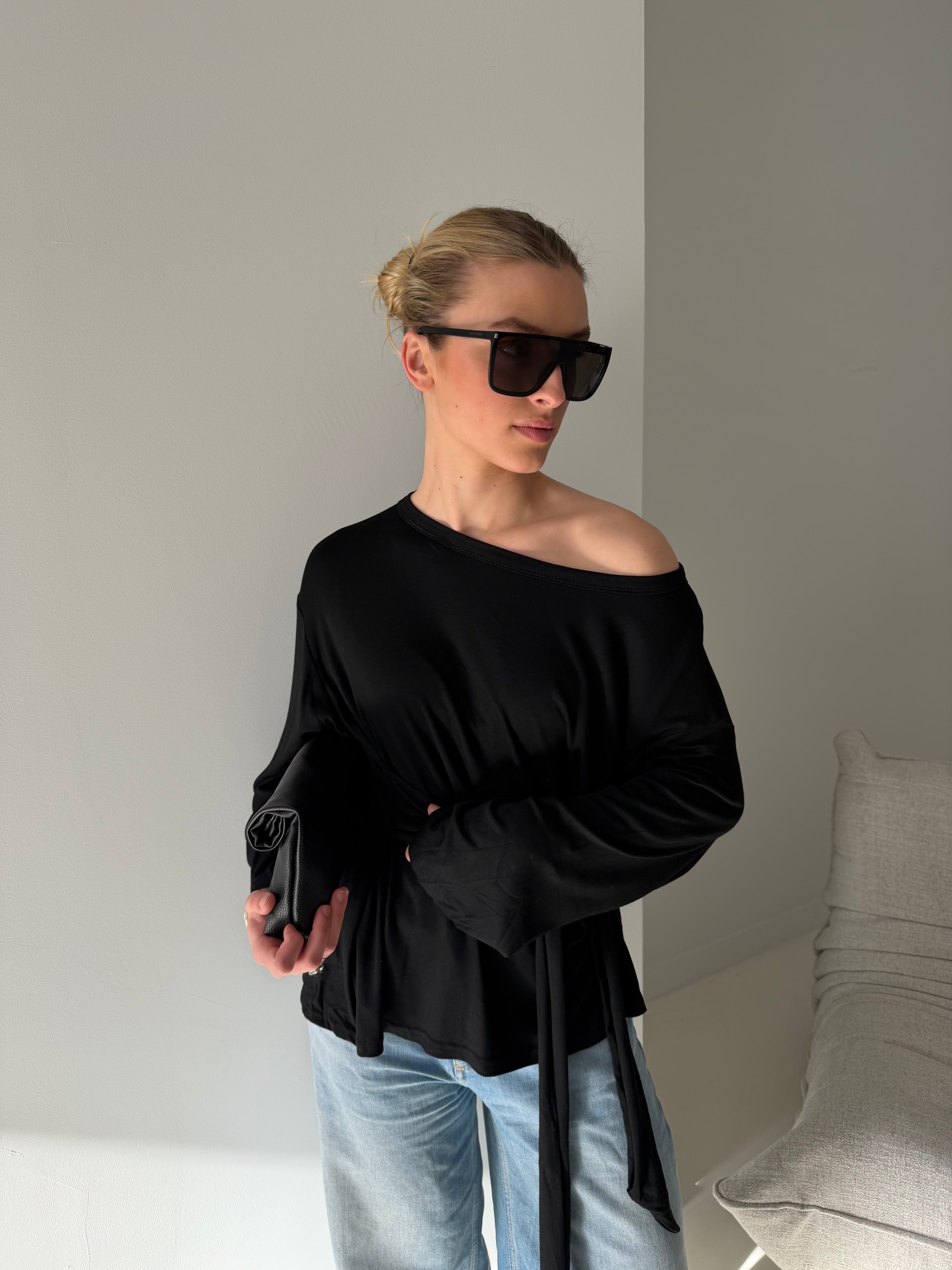 Aiden | Wrapped Tie One Shoulder Top - Black