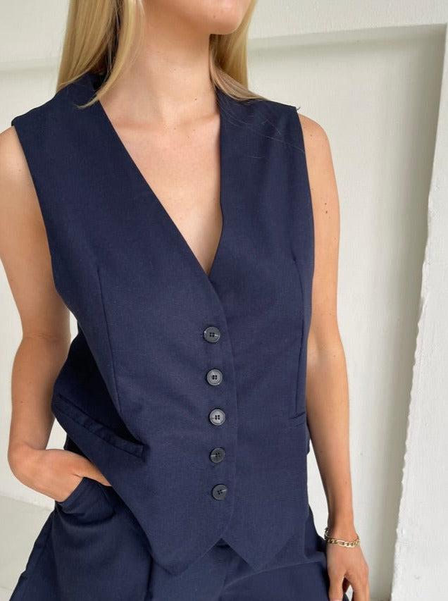 Silas | Blue Linen Buttoned Vest