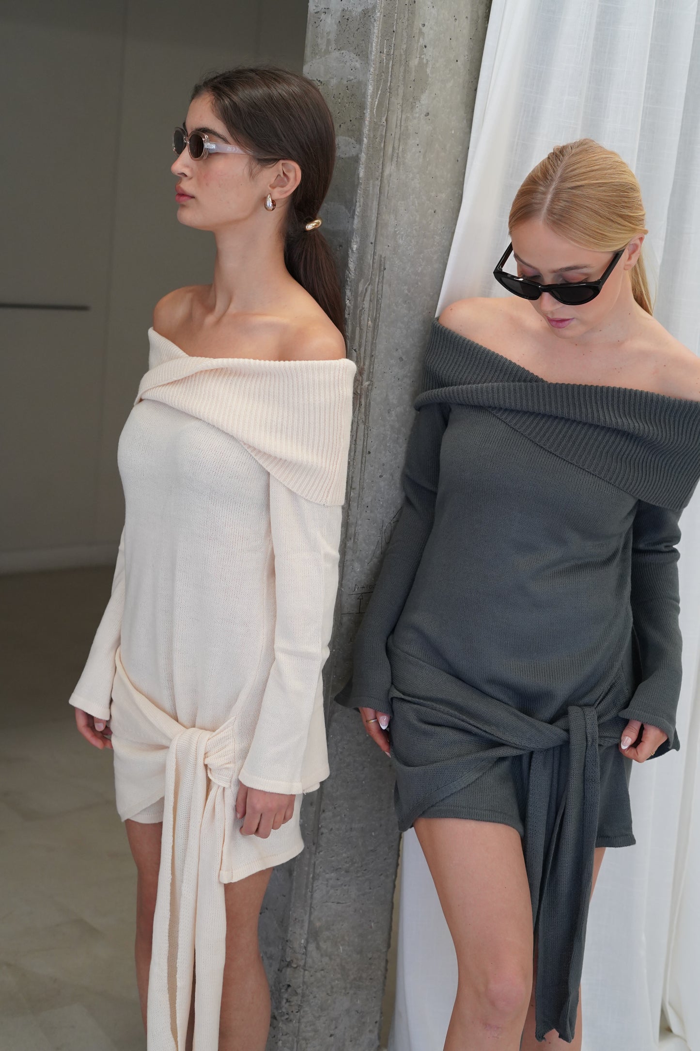 Noa | Knit Layered Off Shoulder Dress Grey