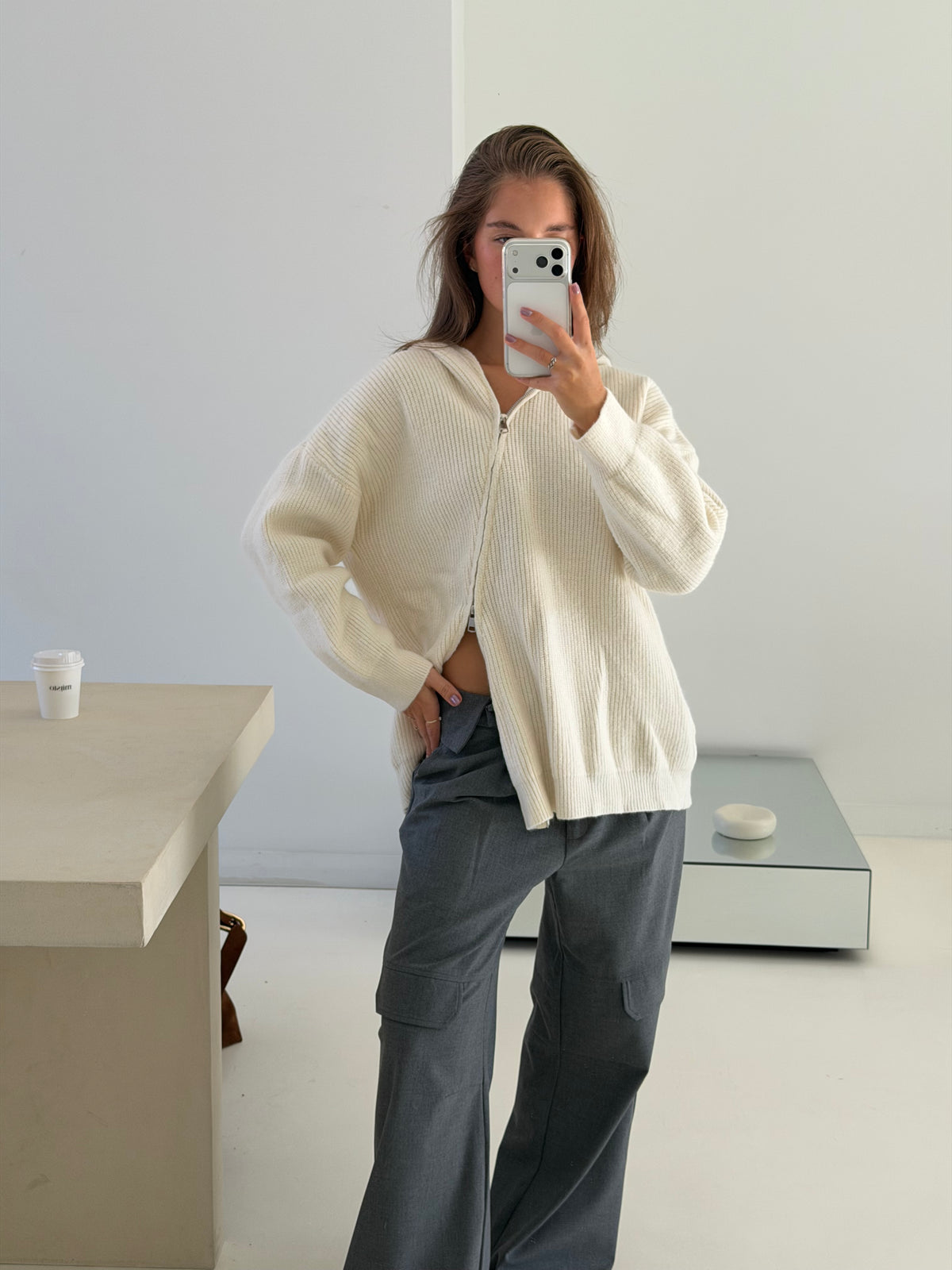 Bradley | Zipped Diagonal Hoodie - Ecru
