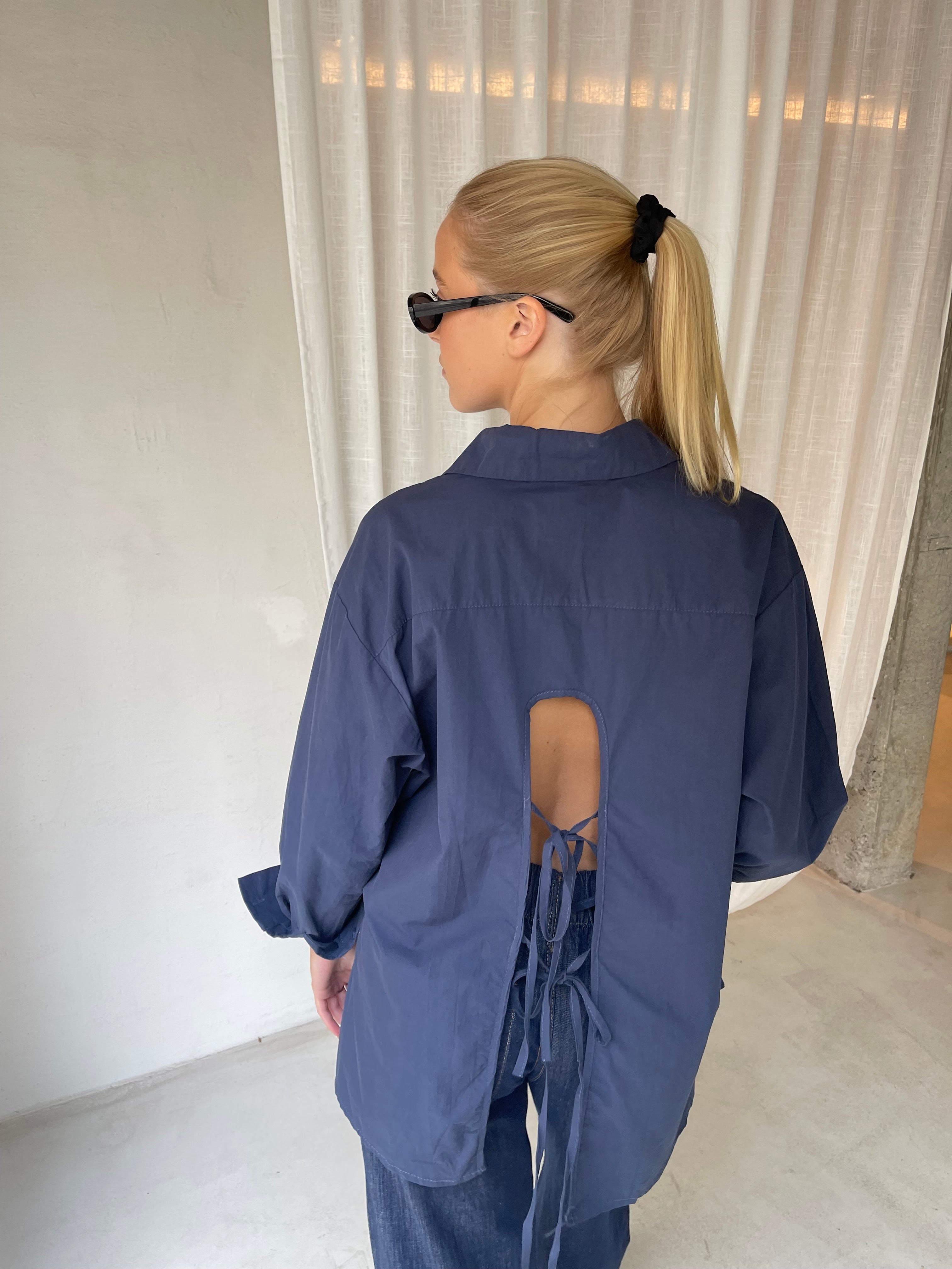 Aimee | Open Back Tied Blouse Navy