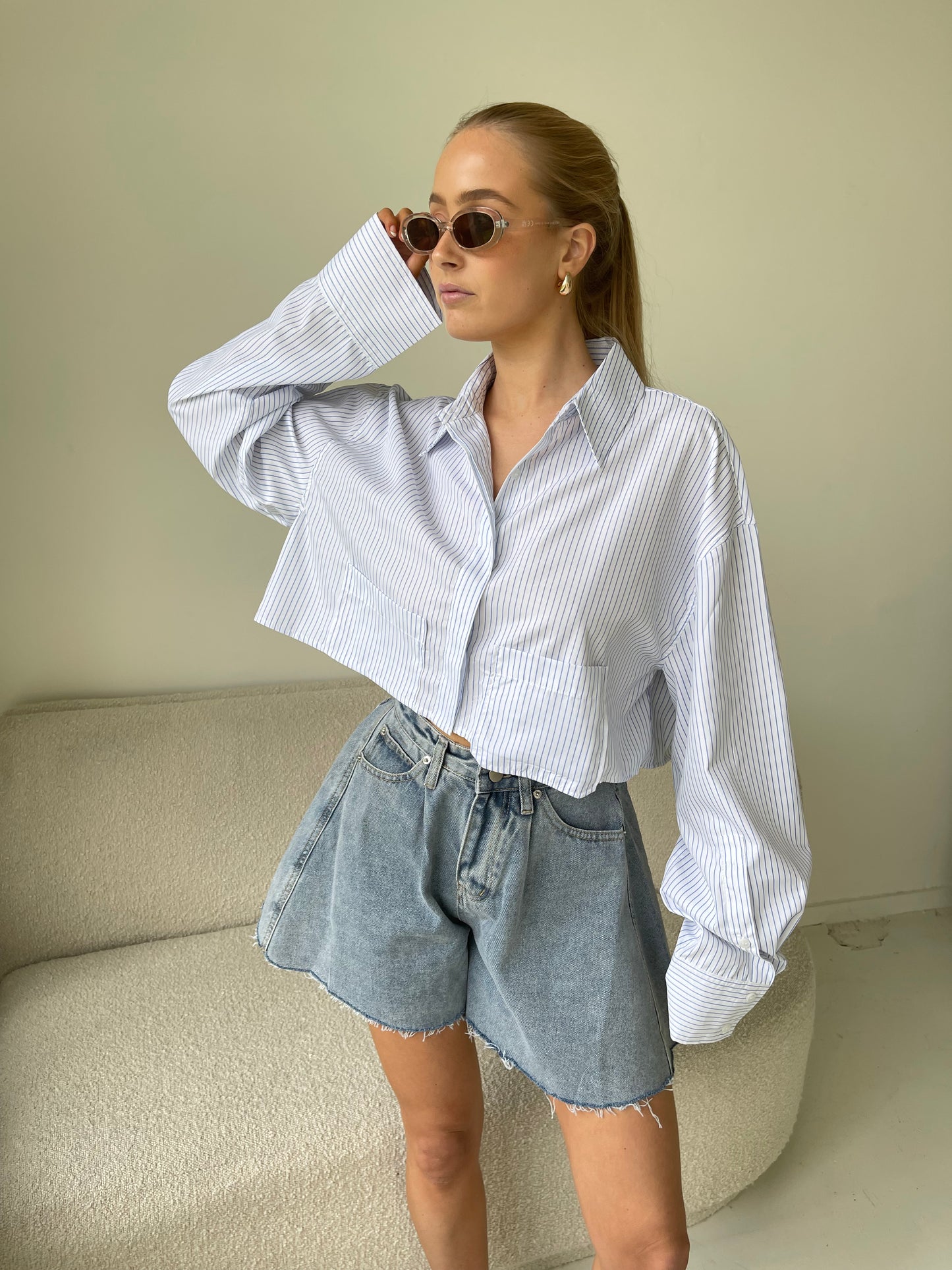 Alea | Striped Cropped Pocket Shirt White Blue stripes