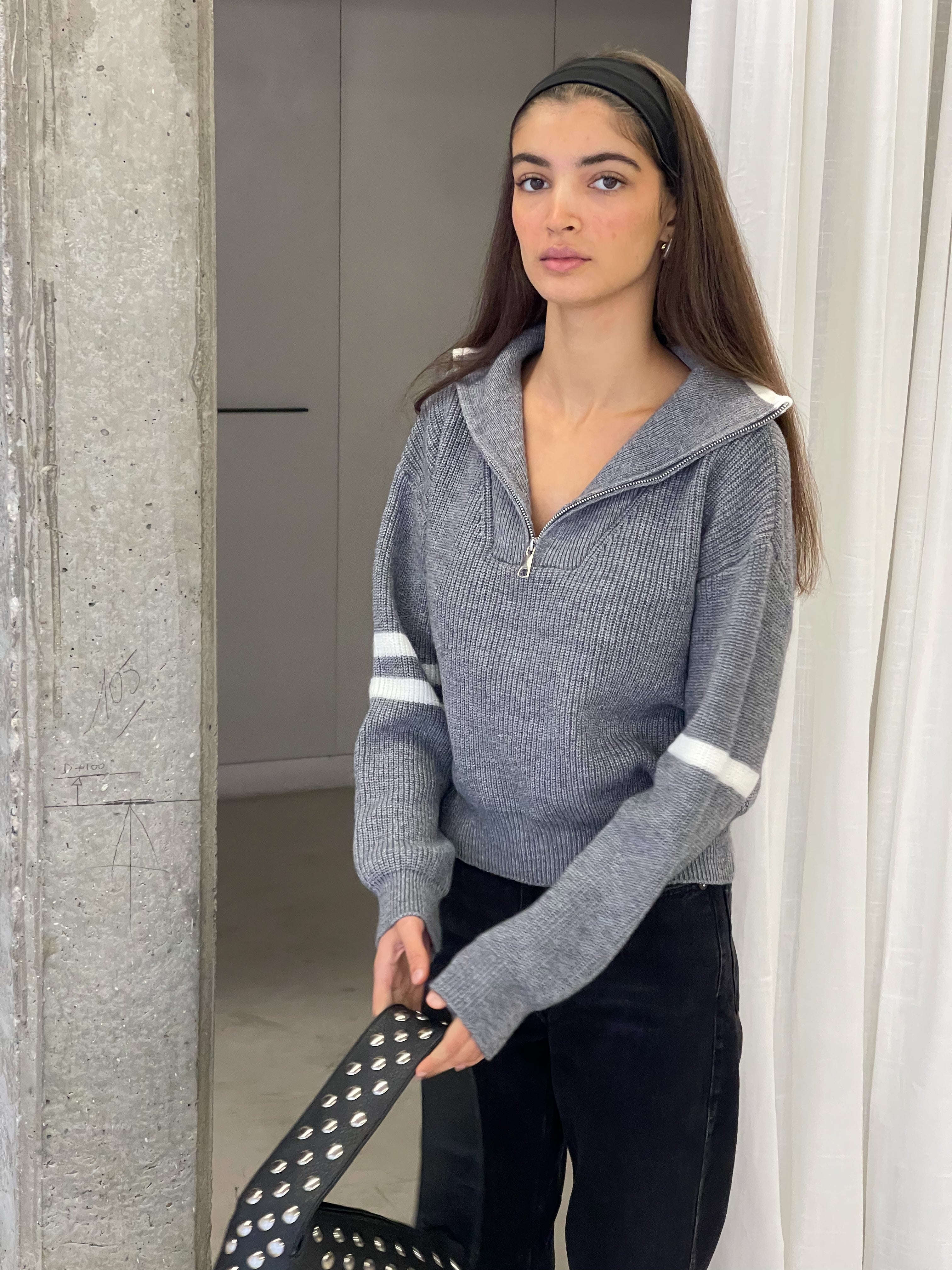 Biz | Polo Zipper Knitted Pull - Grey