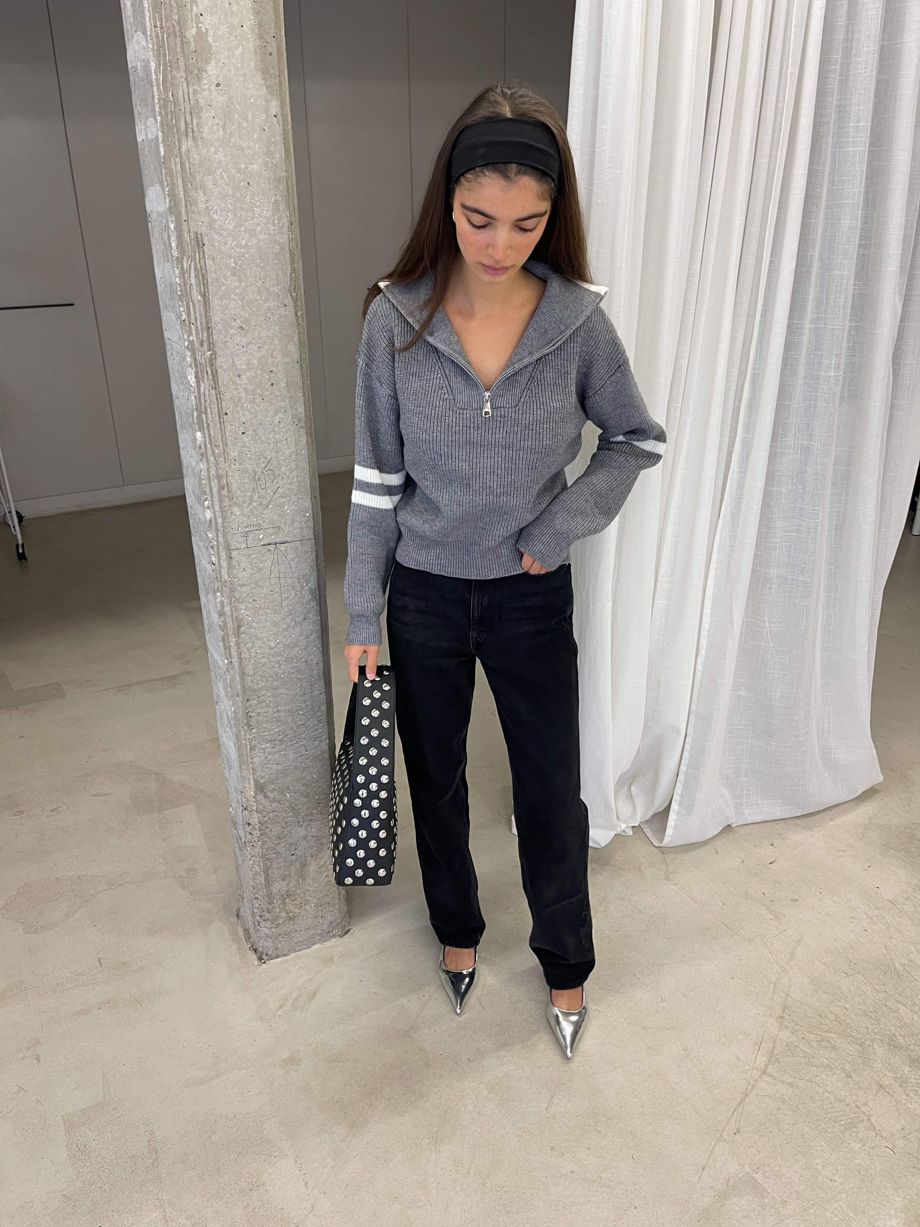 Biz | Polo Zipper Knitted Pull - Grey