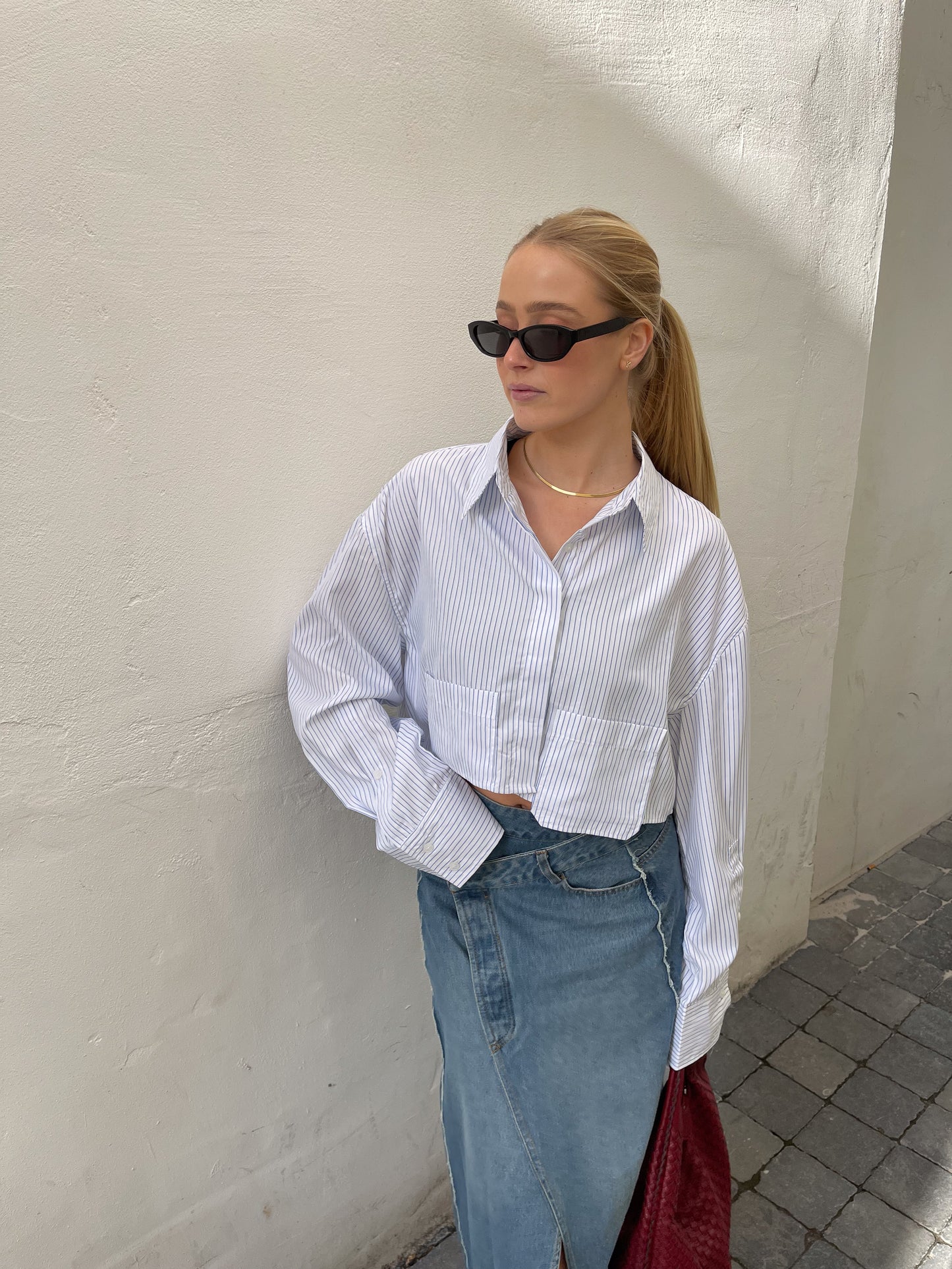 Alea | Striped Cropped Pocket Shirt White Blue stripes