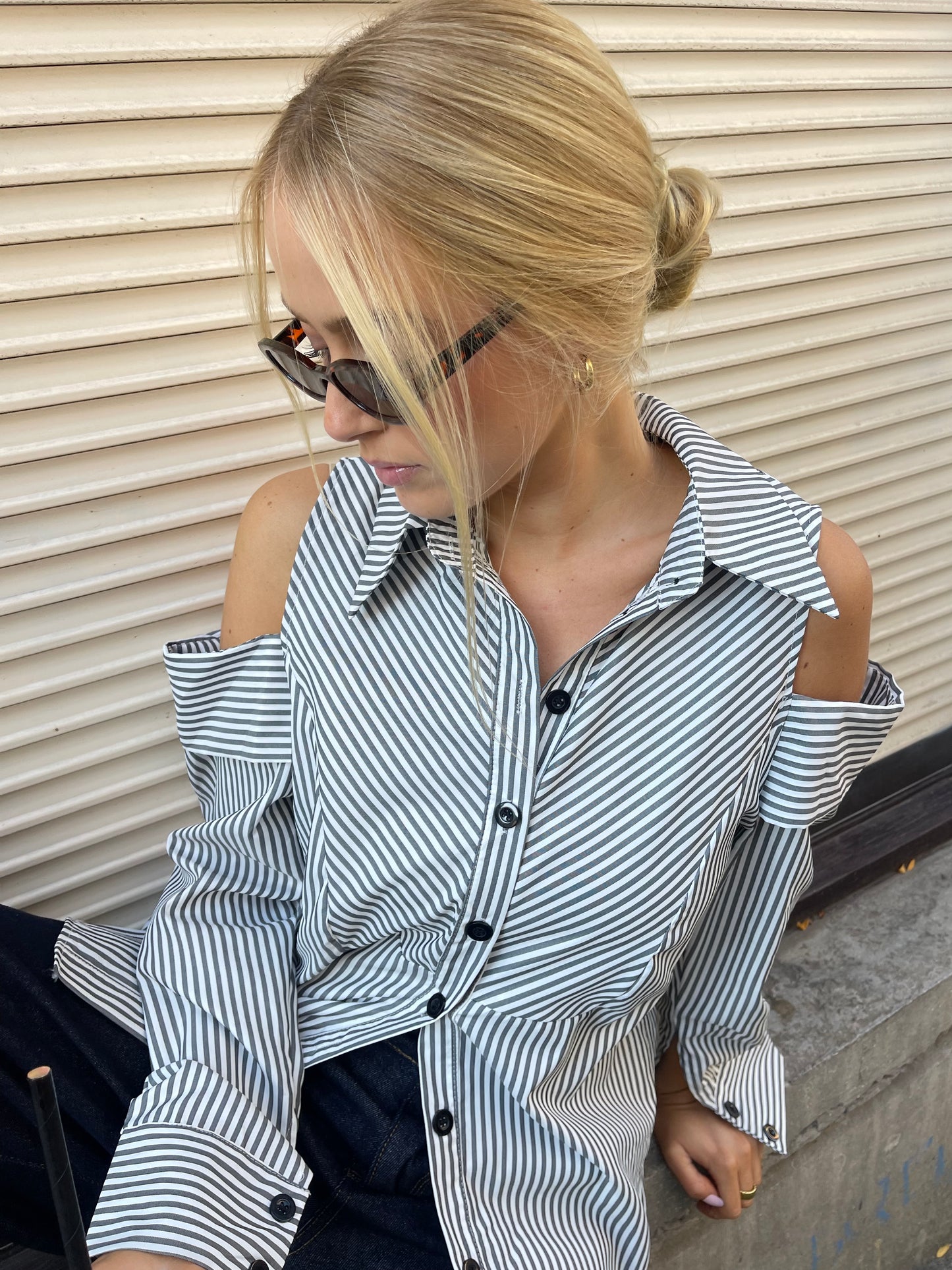 Avy | Striped Cut Out Shoulder Blouse