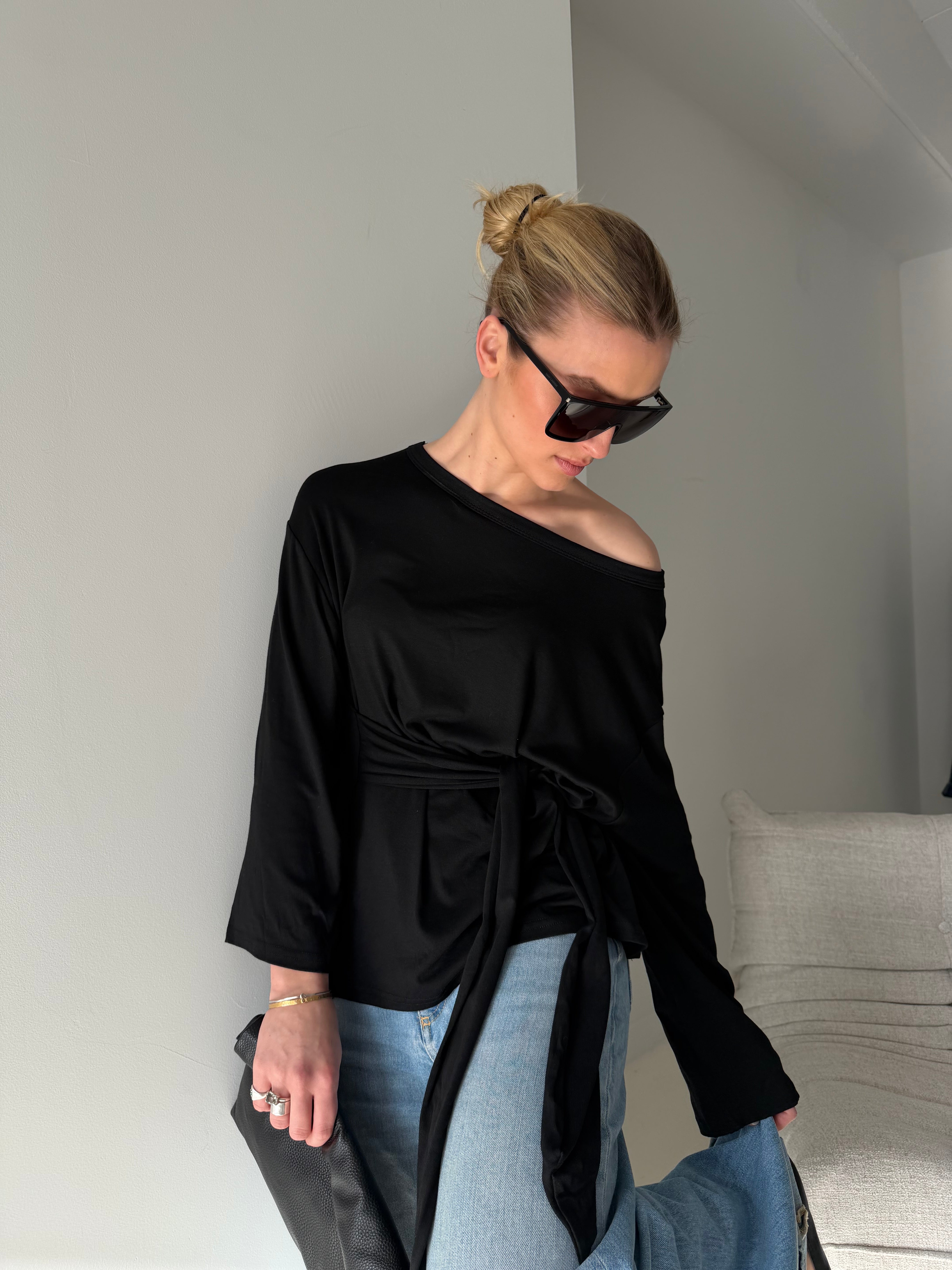 Aiden | Wrapped Tie One Shoulder Top - Black